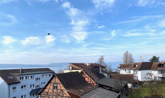 Blick aus dem Fenster über Nußdorf und den Bodensee
